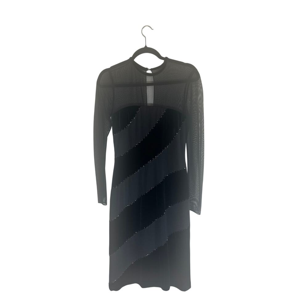 Dusk Women's 6 Black Beaded Sheer Mesh Long Sleeve Cocktail Dress Elegant